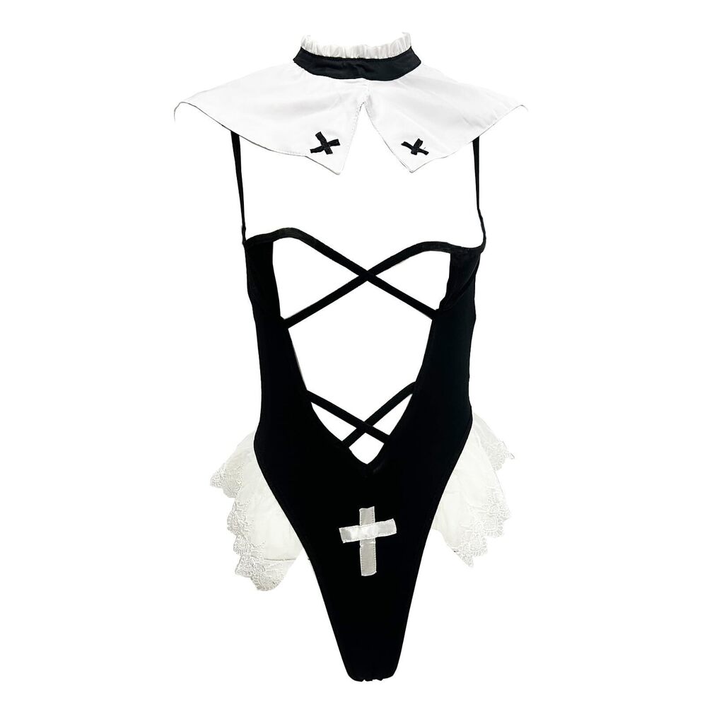 7392 Nun Halloween Cosplay Costumes Lingerie Set Deep V Front High Cut